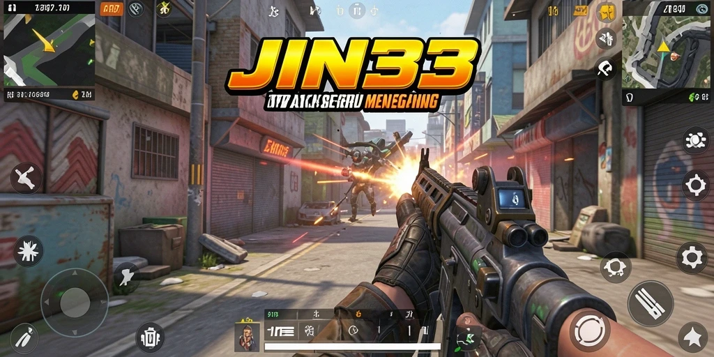 Tampilan gameplay menarik di JIN33 yang menunjukkan aksi pertempuran TPS.