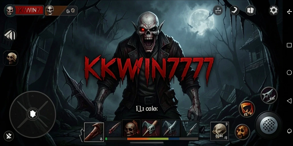 Tangkapan layar gameplay KKWIN777 menampilkan suasana menyeramkan dan makhluk mengerikan.