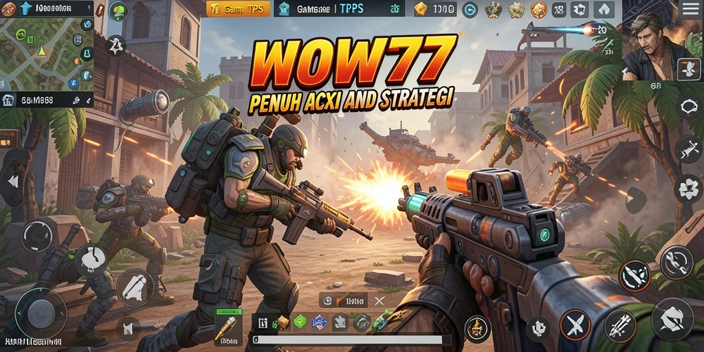 Tangkapan layar utama WOW77 menampilkan aksi tembak-menembak seru.
