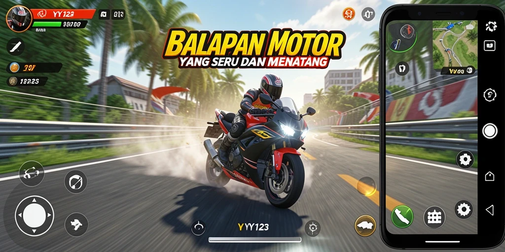 Tampilan gameplay YY123 yang mendebarkan saat balapan motor.